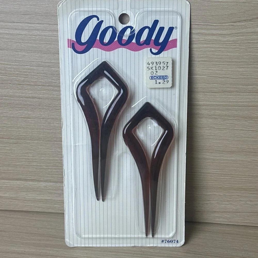 GOODY 2 Chignon Hair Pins Faux Tortoise Plastic Vintage 1993 New In Pkg Made USA